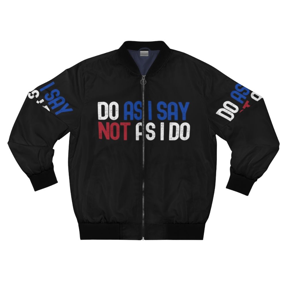 "Hypocritical Politics" bomber jacket with text and political imagery