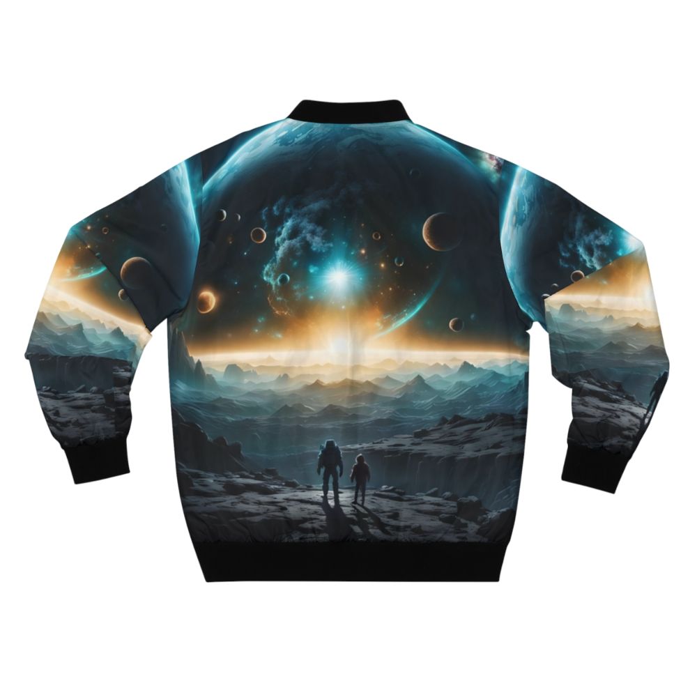 Wanderers sci-fi themed bomber jacket with space, planets, and stars design - Back