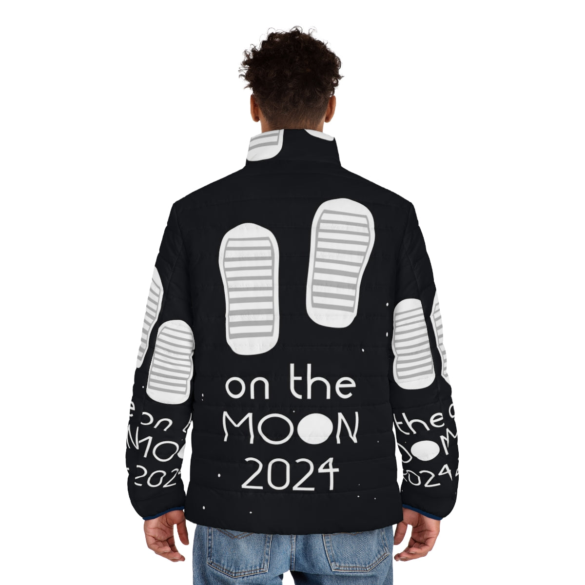 Stylish space force puffer jacket with "Boots on the Moon 2024" design - men back