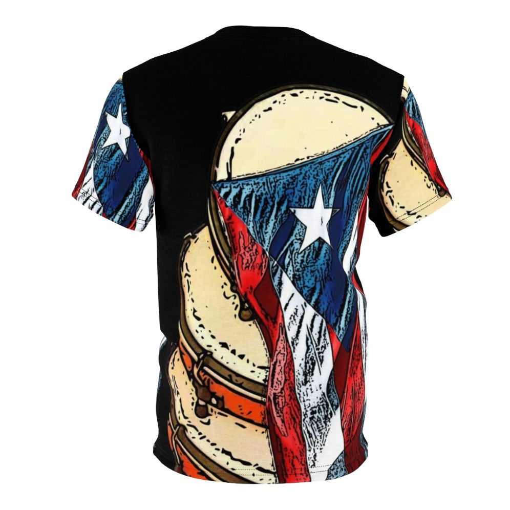 Vibrant t-shirt featuring pleneras, the traditional Puerto Rican musical instruments, and the Puerto Rican flag - Back