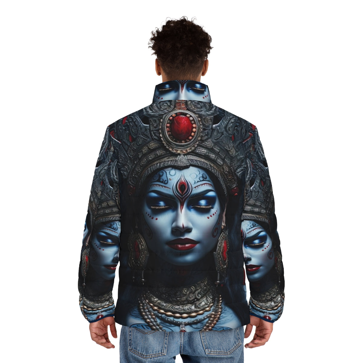 Puffer jacket featuring the powerful image of the Hindu goddess Kali - men back