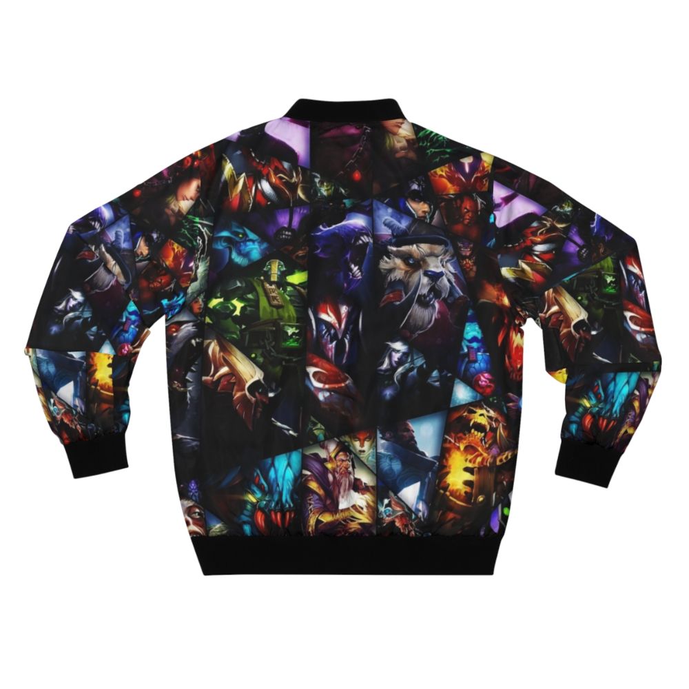 Dota 2 gaming bomber jacket with 'BOOOOOM' graphic design, featuring Dota 2 heroes and characters. - Back