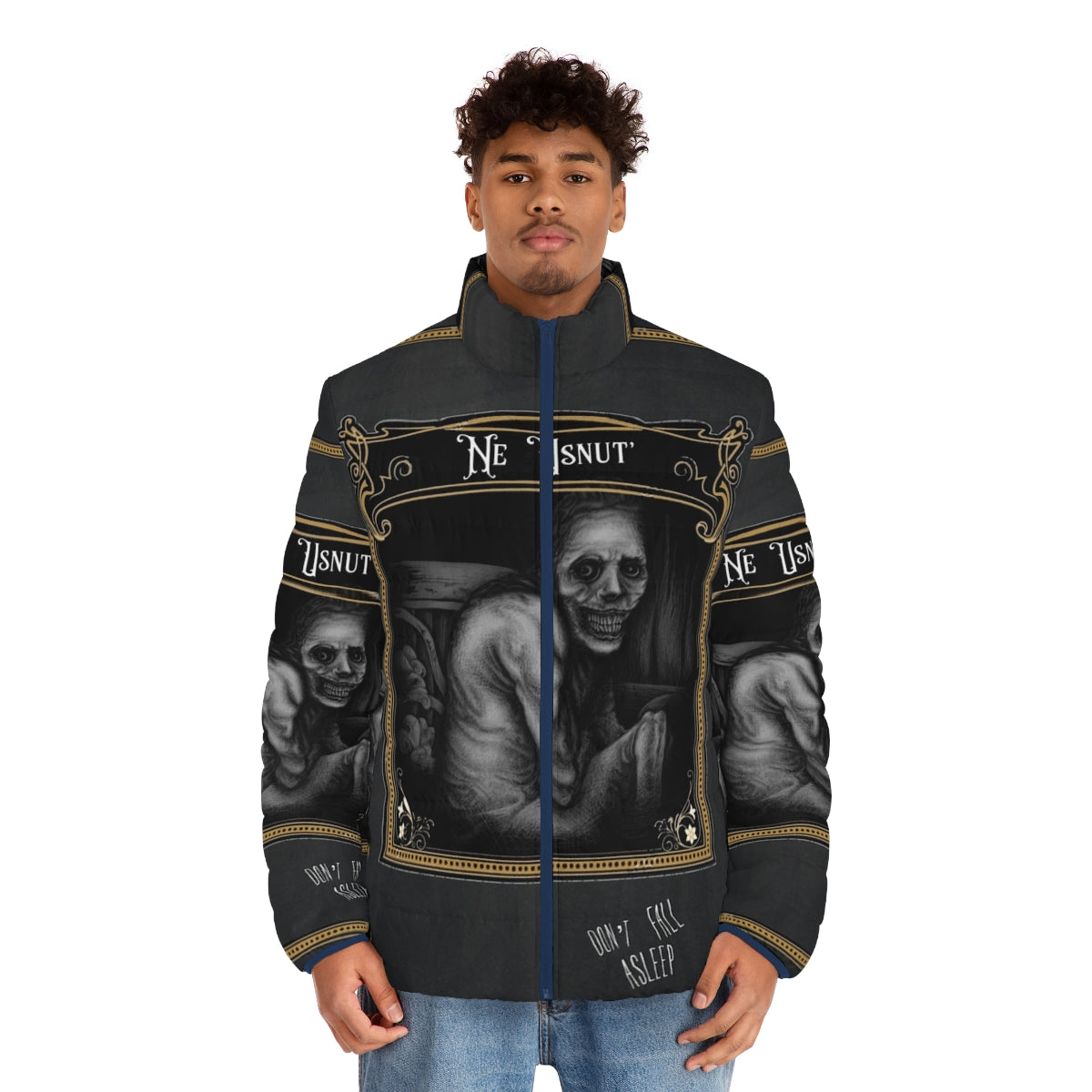 "Don't Fall Asleep" puffer jacket with eerie, unsettling design inspired by the Russian Sleep Experiment - men front