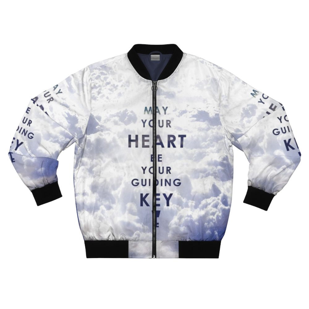 Kingdom Hearts Bomber Jacket featuring a graphic design with the text "May your Heart be your guiding Key"