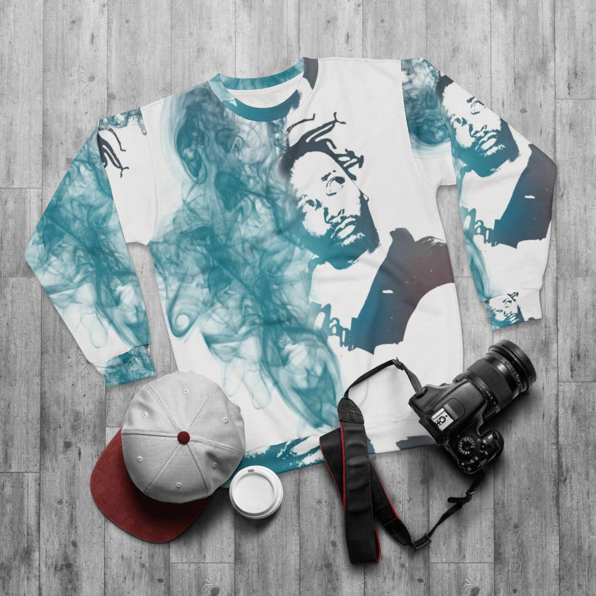 Ol Dirty Bastard portrait sweatshirt with smoke effects - flat lay