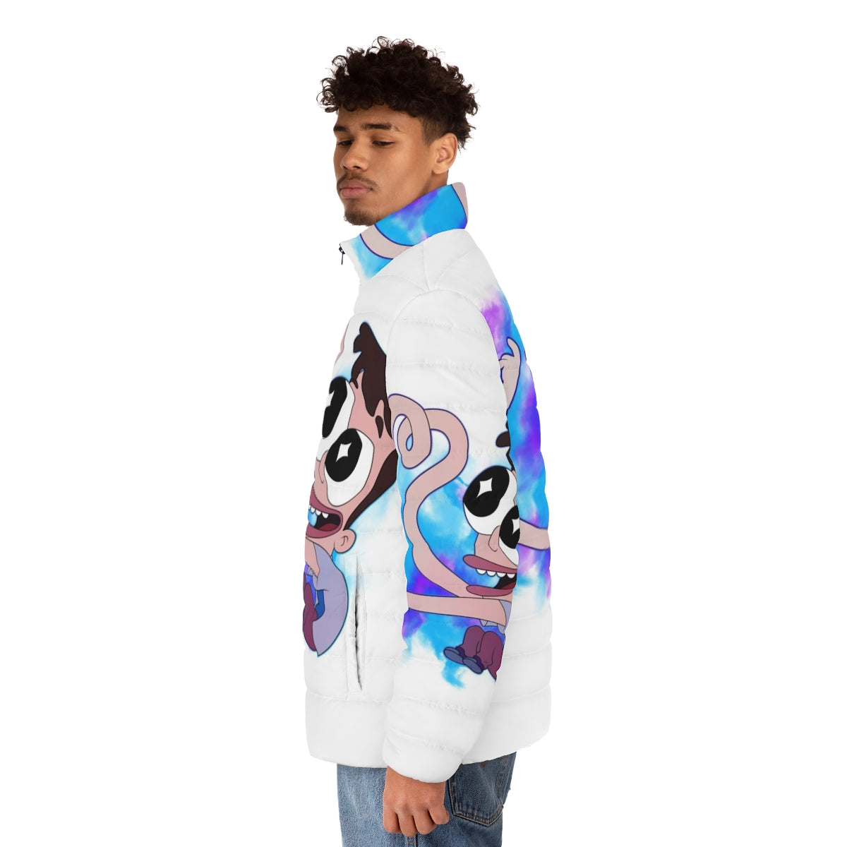 Big Mouth Crazy Nick Puffer Jacket with Oversized Netflix Bigmouth Design - men side left