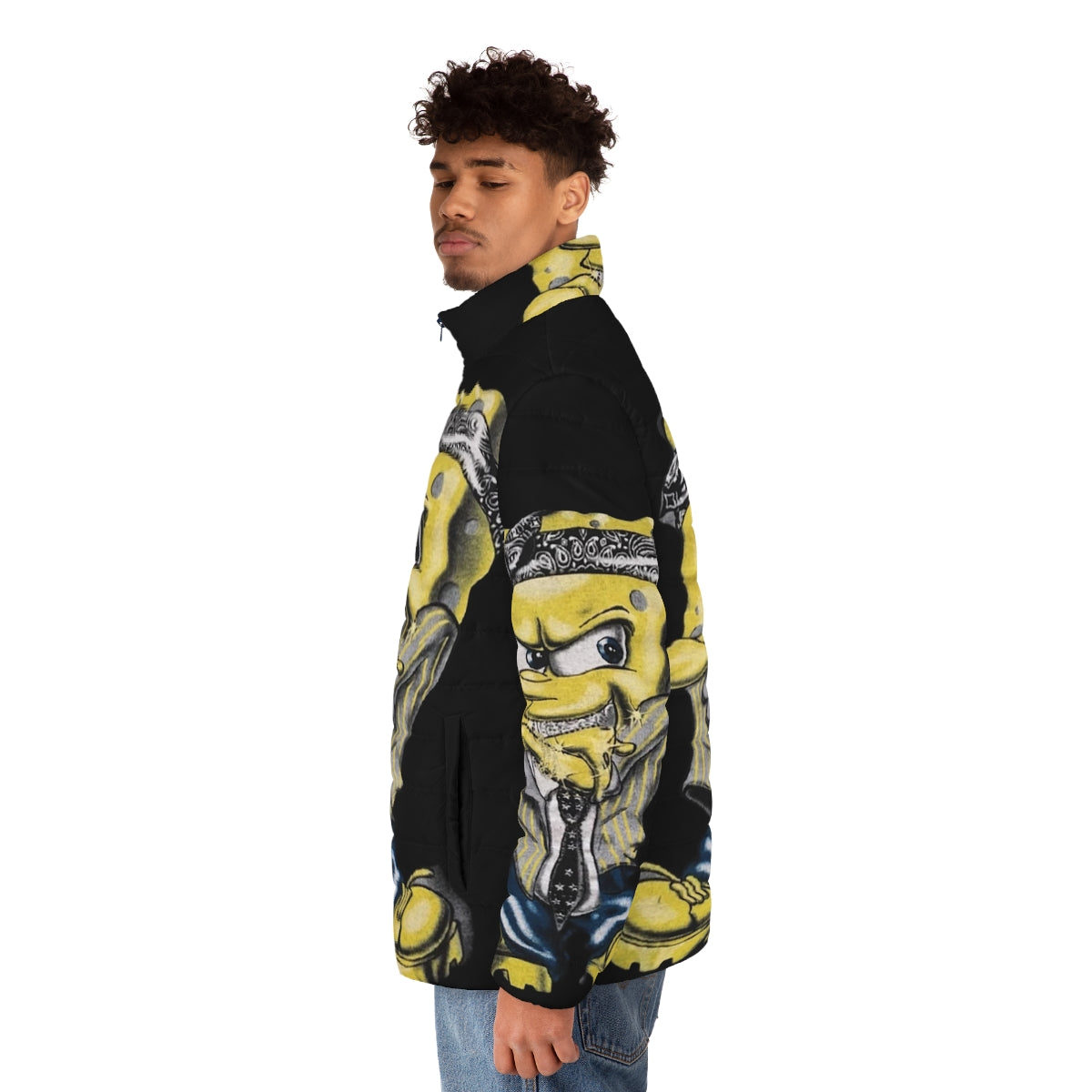 Gangster Spongebob design on an oversized puffer jacket - men side left