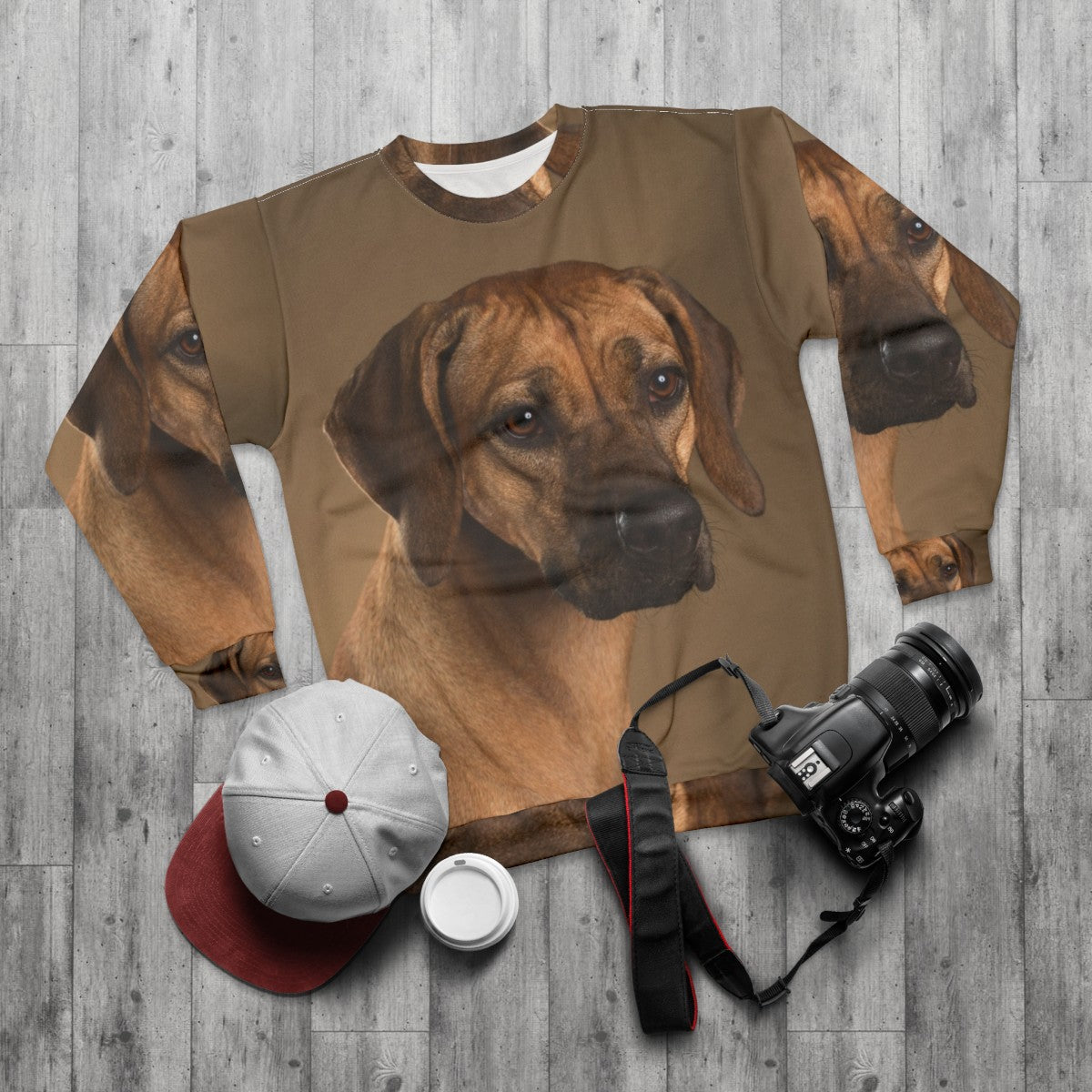 Rhodesian Ridgeback dog portrait with soulful eyes - flat lay