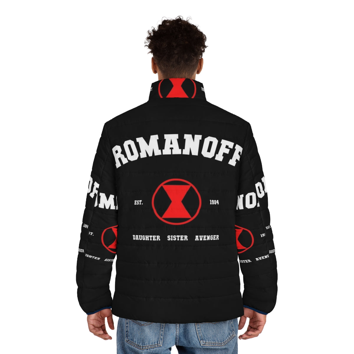 Romanoff Est 1984 Black Widow Tribute Puffer Jacket featuring Natasha Romanoff's iconic look - men back