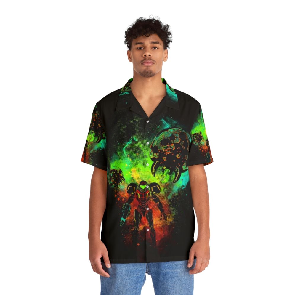 Space Bounty Hunter Hawaiian Shirt featuring Metroid inspired design - People Front