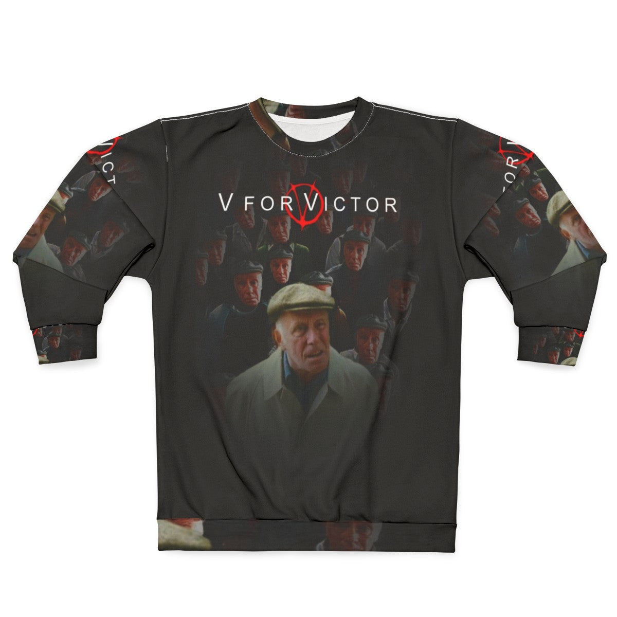 "V For Victor" graphic design on a cozy sweatshirt