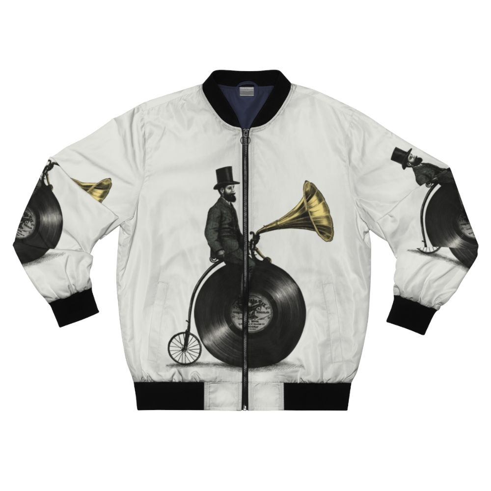 Vintage music-themed bomber jacket with retro bicycle and surreal illustration design