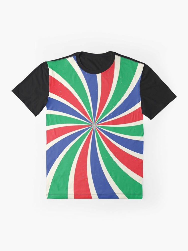 Retro sunburst graphic t-shirt with textured, twisted pattern in red, green, and blue colors - Flat lay