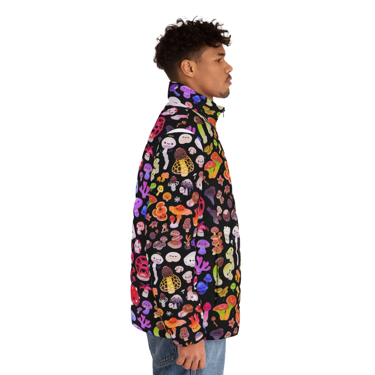 Mushroom-patterned puffer jacket in an outdoor, nature-inspired design - men side right