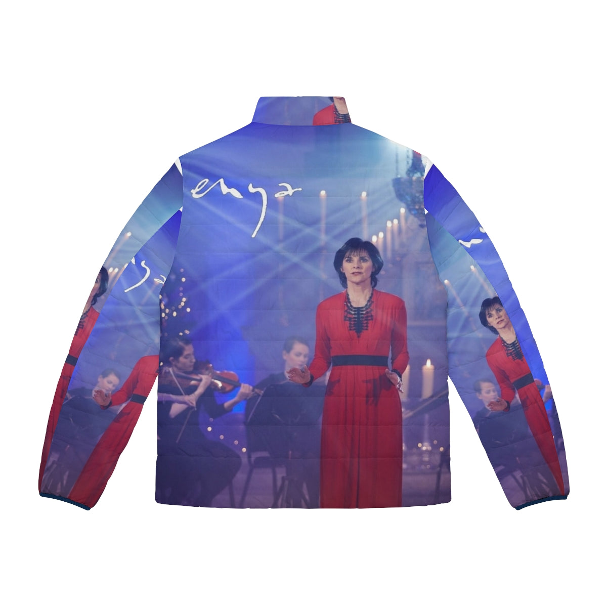 Enya-inspired puffer jacket with winter motifs and music-themed design - Back