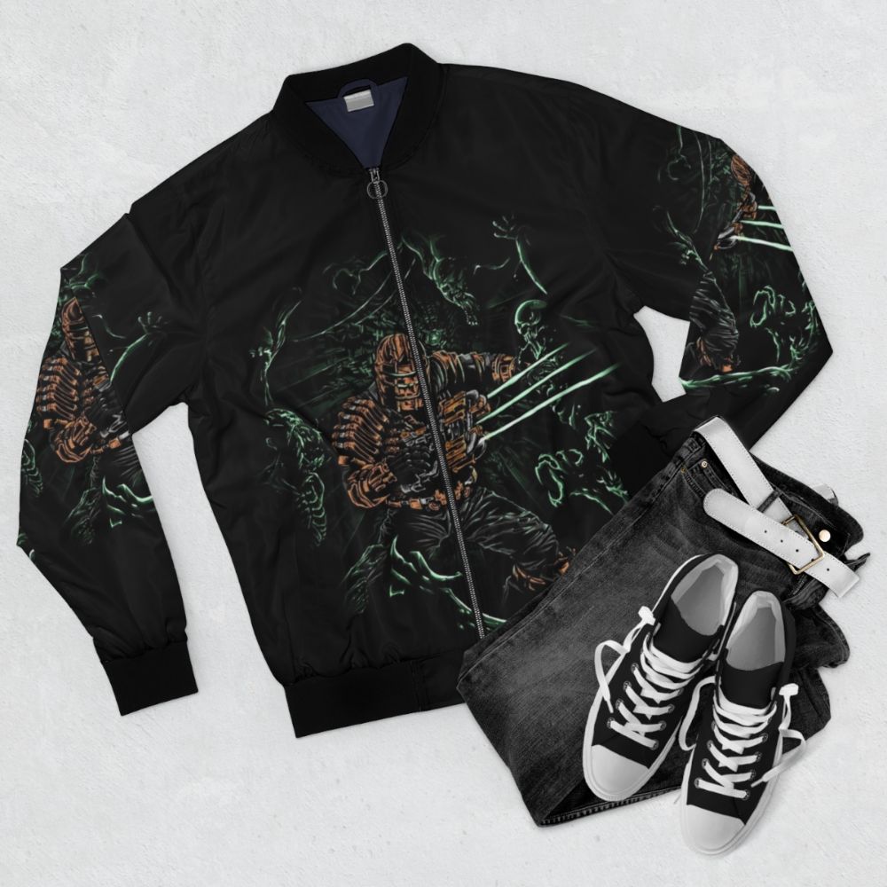 Dead Space inspired horror sci-fi bomber jacket with necromorph design - Flat lay