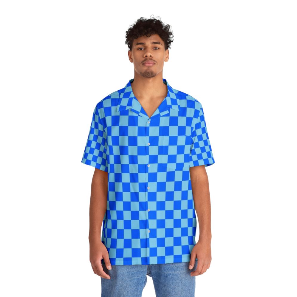 Baby Blue and Brandeis Blue Checkered Hawaiian Shirt - People Front