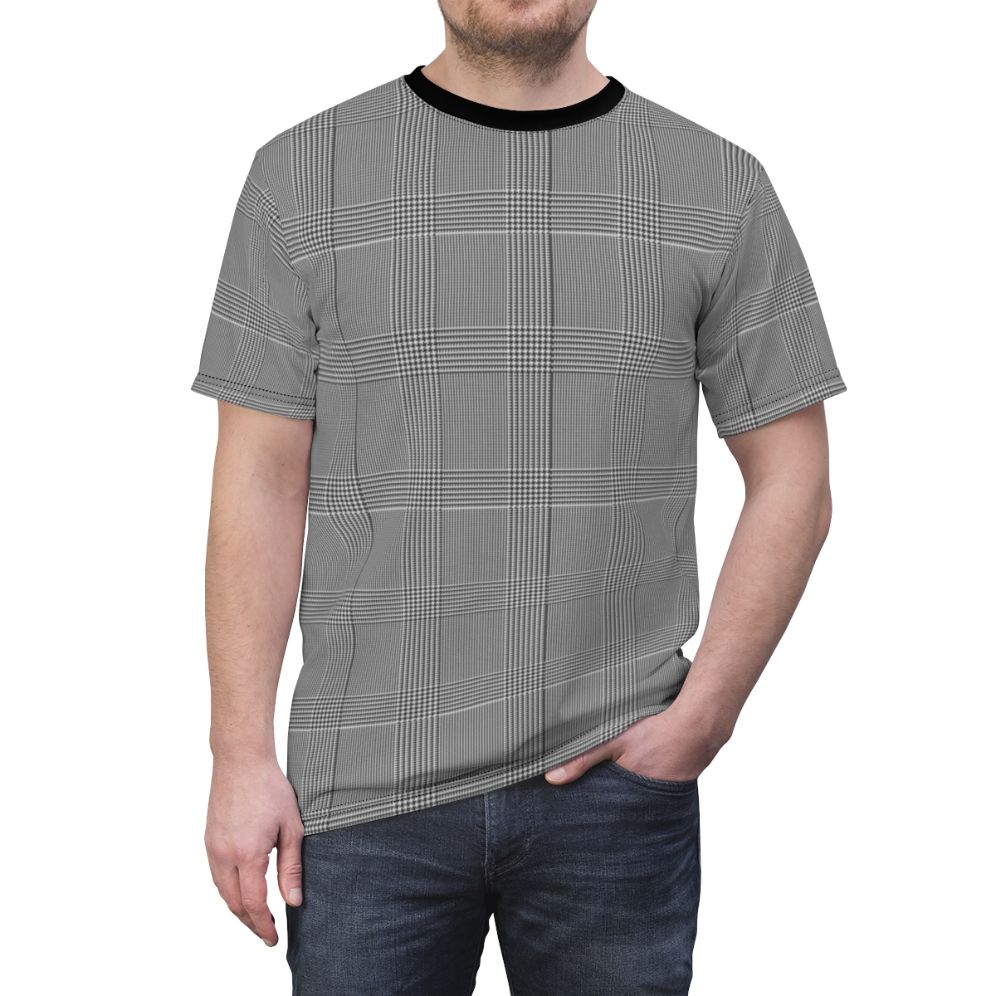 Model wearing a sophisticated glen plaid t-shirt for a classic, business-casual look. - men front