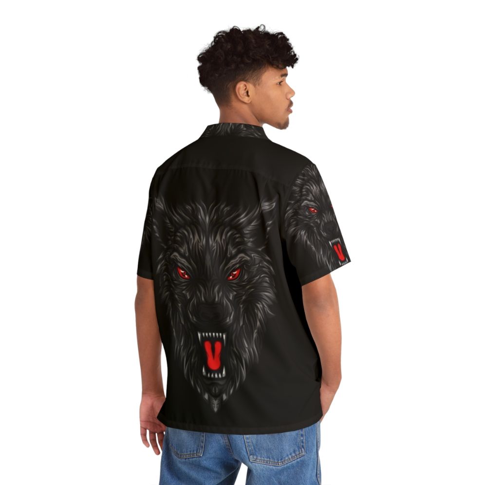 Savage wolf with black fur and red eyes printed on a Hawaiian style shirt - People Back