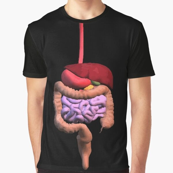 Illustration of the human digestive system on an eco-friendly graphic t-shirt