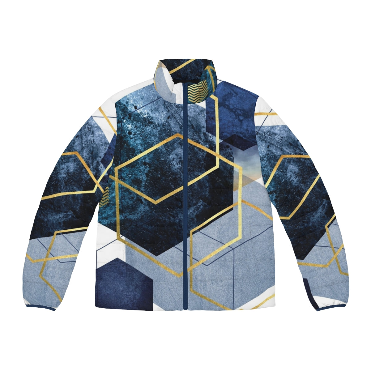 Navy and gold geometric puffer jacket for men