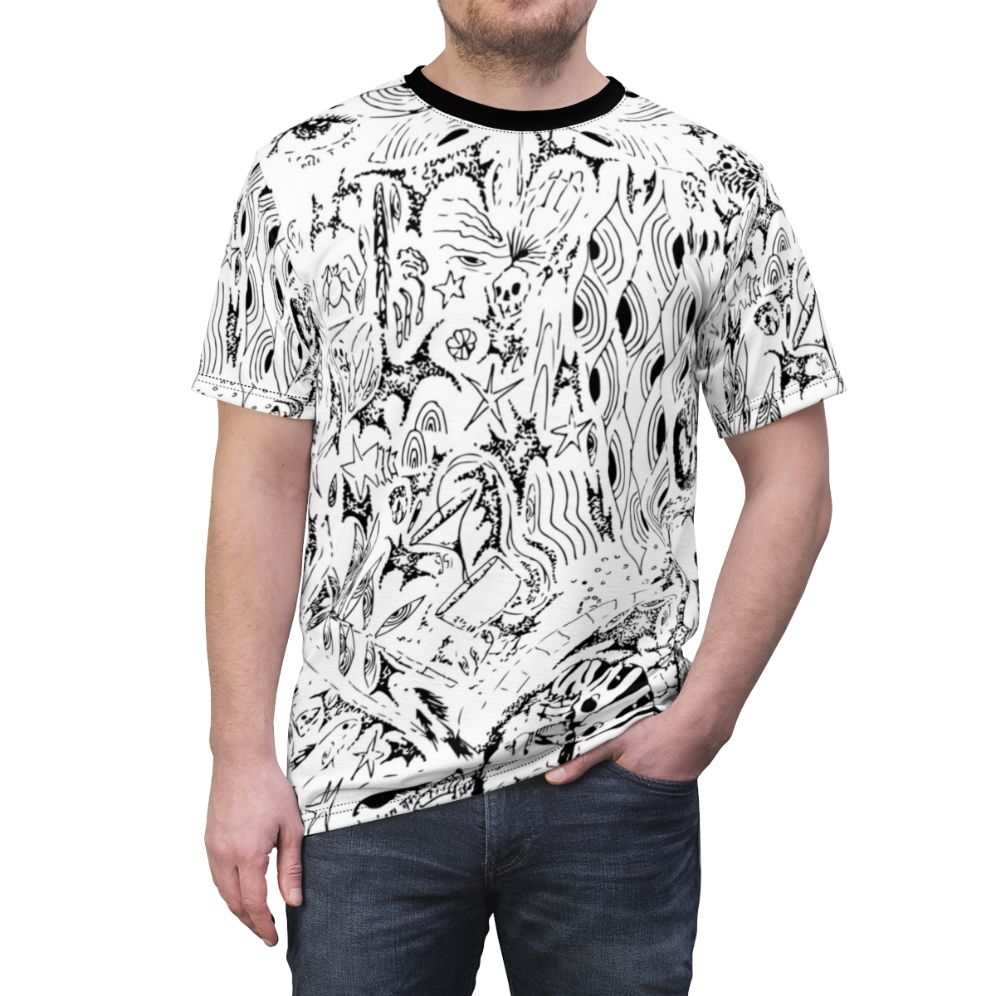 Artistic collage design featuring characters and elements from the iconic Ghibli anime films on a high-quality t-shirt. - men front