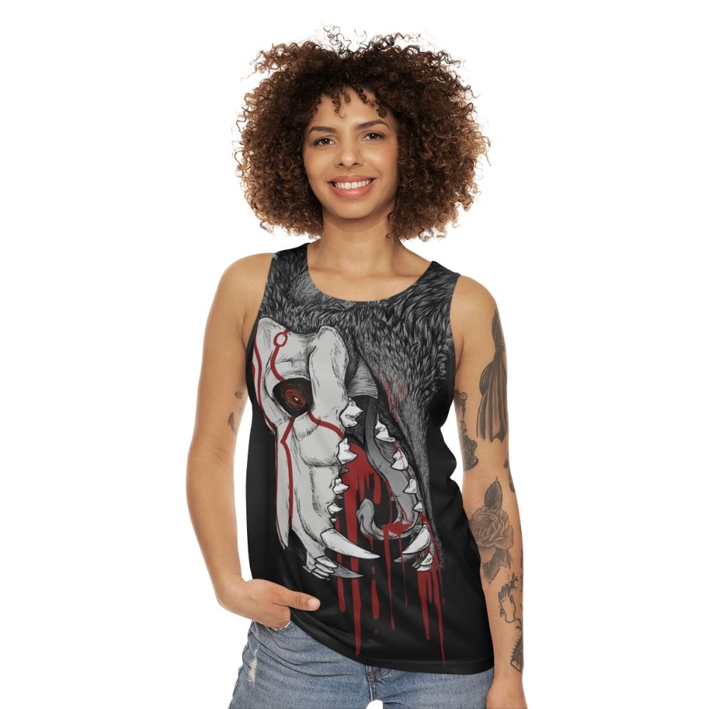 Black unisex tank top with horror graphic design - women