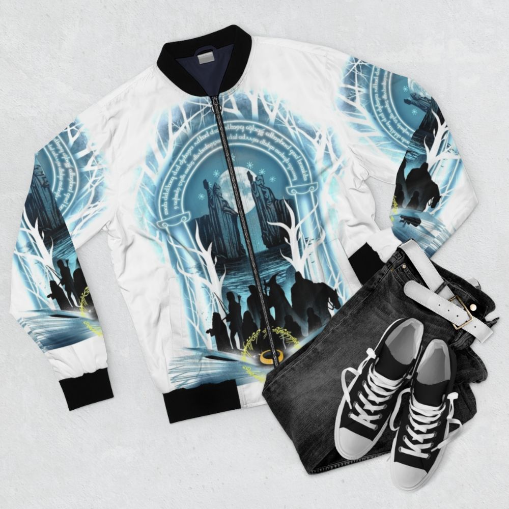 Magical Book of Fellowship Bomber Jacket with a graphic novel-inspired design - Flat lay