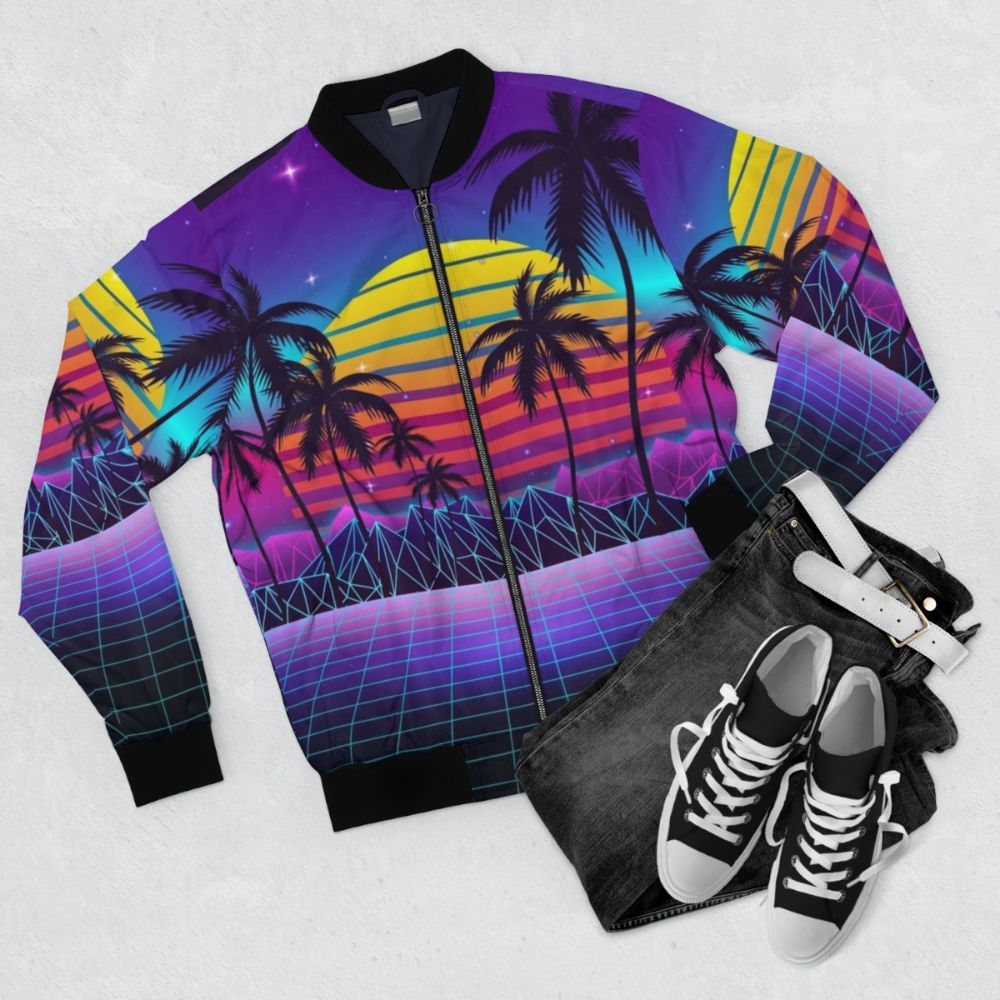 A stylish synthwave bomber jacket with a vibrant sunset aesthetic, featuring a retro futuristic design. - Flat lay