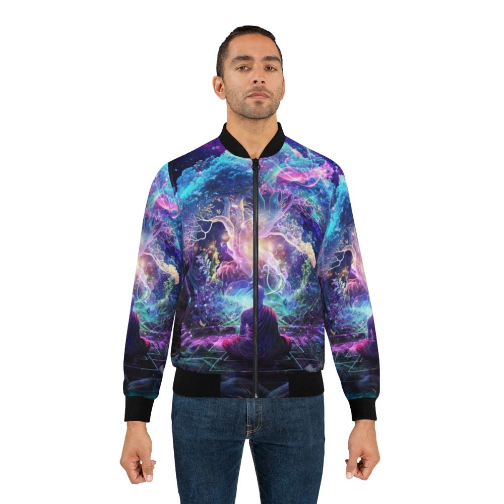 Midnight Garden Bomber Jacket featuring visionary, cosmic, and spiritual artwork - Lifestyle