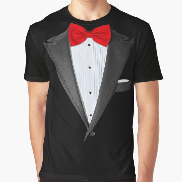 Realistic tuxedo graphic t-shirt for men, featuring a detailed tuxedo design.