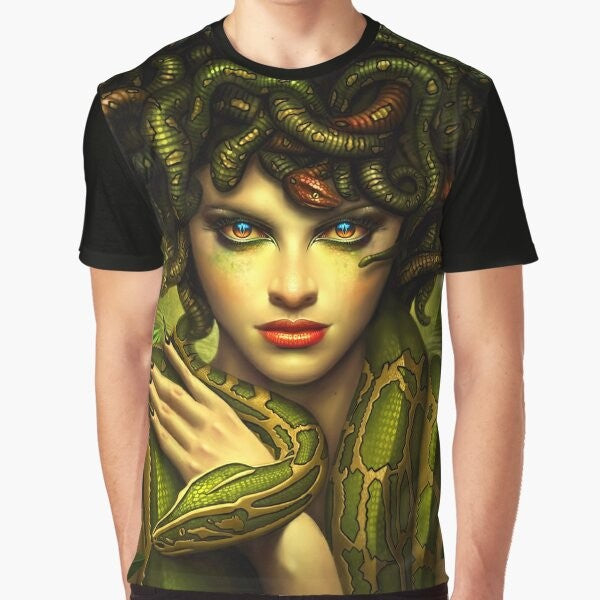 Medusa portrait t-shirt featuring a beautiful woman with snakes for hair, a character from Greek mythology