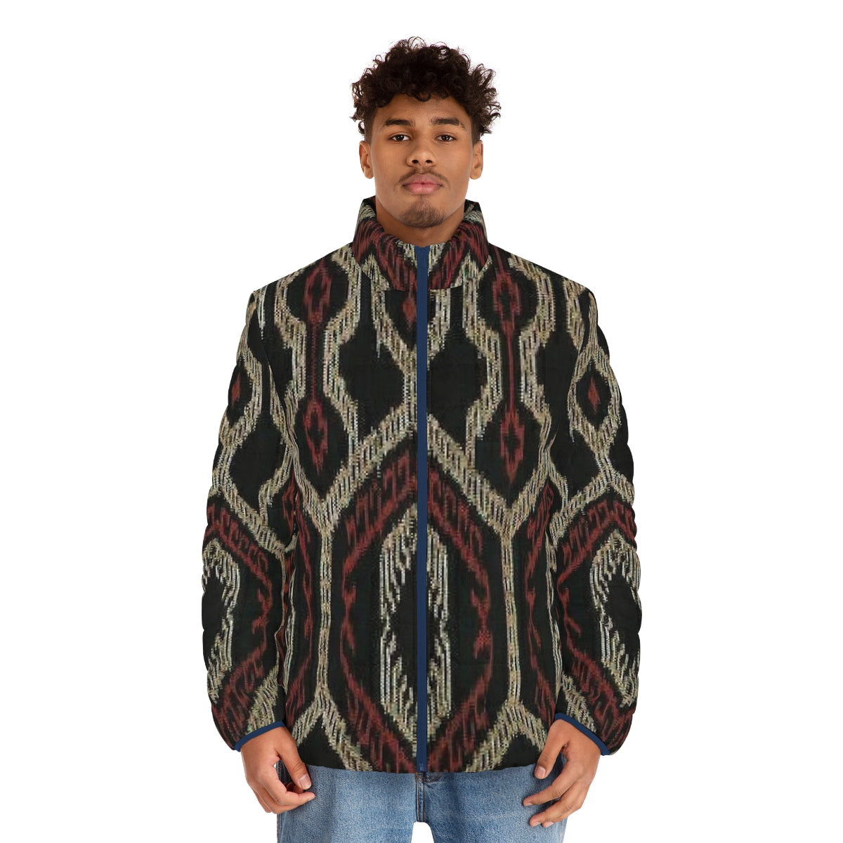 Ethnic puffer jacket with abstract indigenous mountain pattern from the Philippines - men front