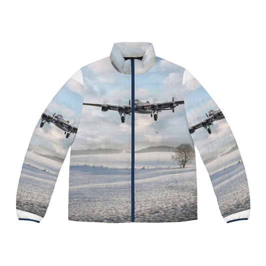 A blue puffer jacket with a snowy forest and wildlife design