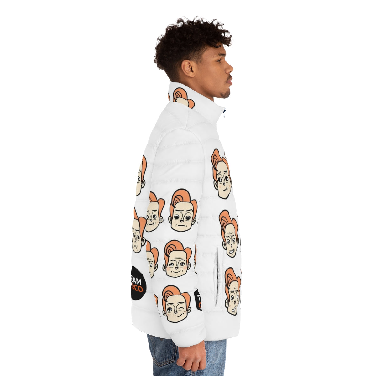 Conan Obrien Puffer Jacket featuring various expressions and designs - men side right