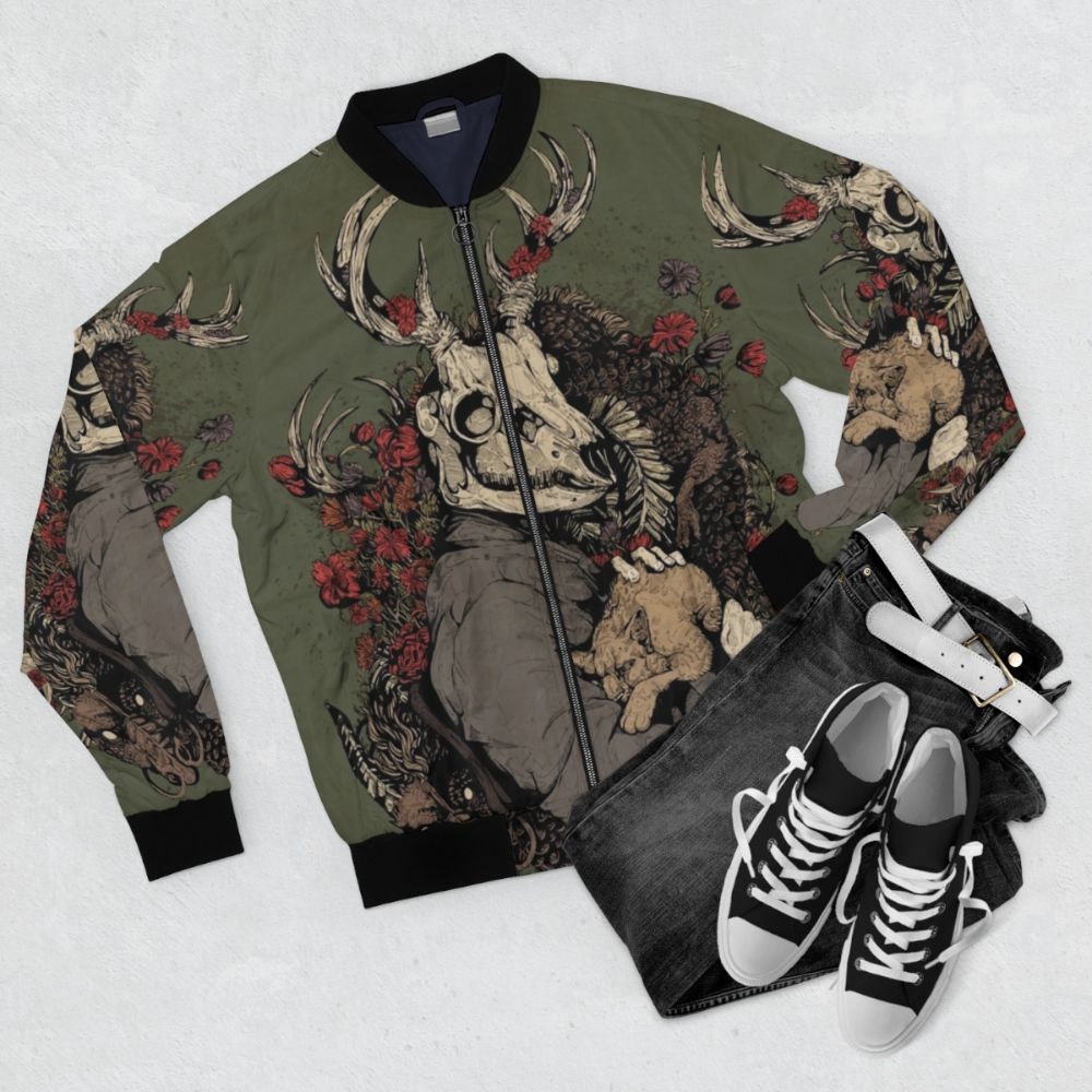 A bomber jacket featuring a stunning dragon tattoo design with traditional elements including deer, stag, skull, and cat. - Flat lay