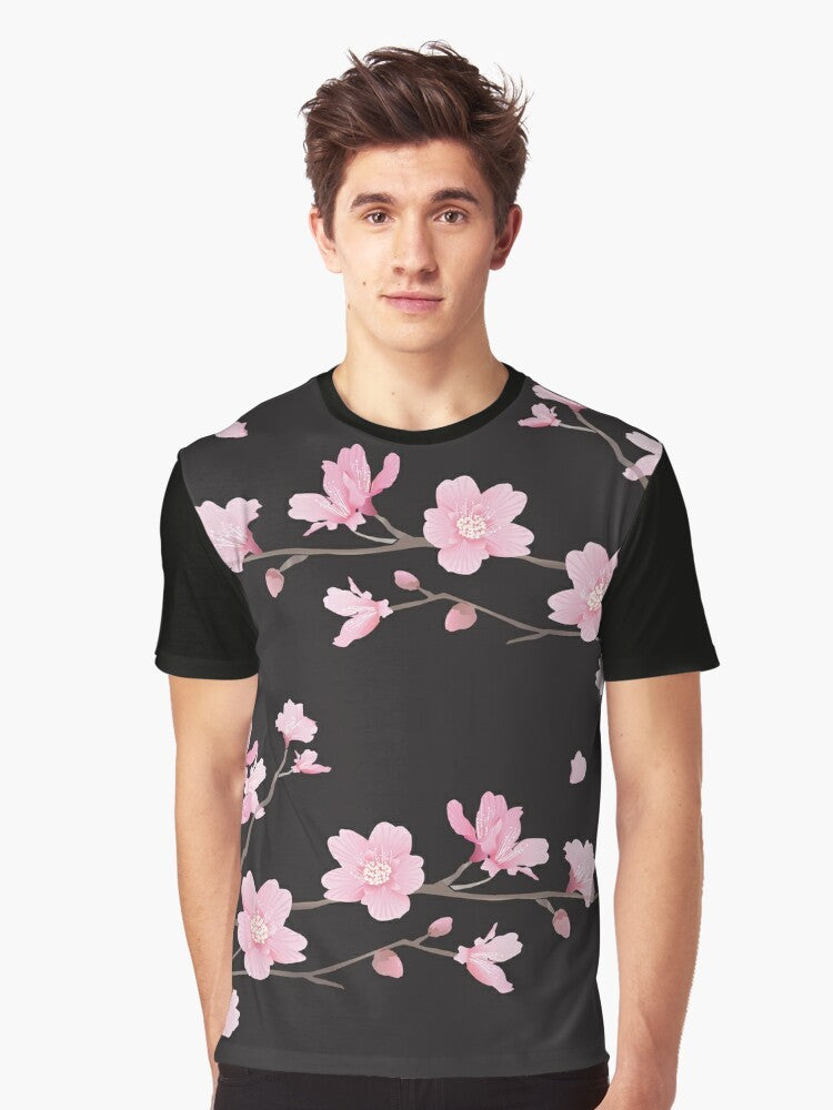 Elegant cherry blossom flower plant graphic t-shirt in black - Men