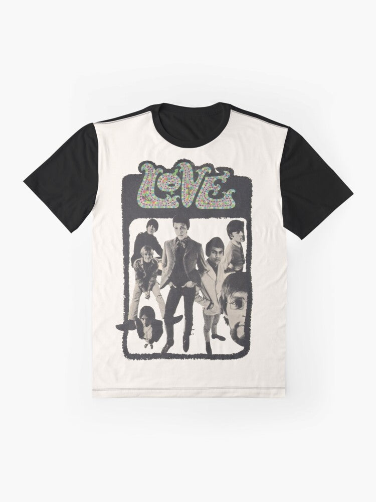 Vintage graphic t-shirt featuring Arthur Lee and his psychedelic rock band Love - Flat lay