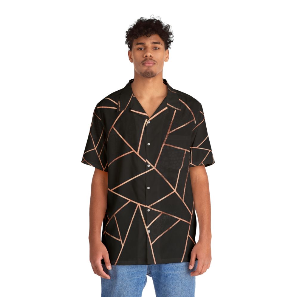 Black and rose gold geometric pattern Hawaiian shirt - People Front