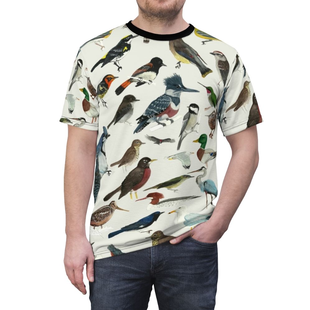 Vibrant AOP T-shirt featuring a collage of various bird species for the bird enthusiast - men front