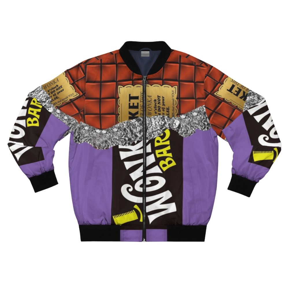 A vintage-inspired chocolate bomber jacket featuring the golden ticket from Willy Wonka's Chocolate Factory