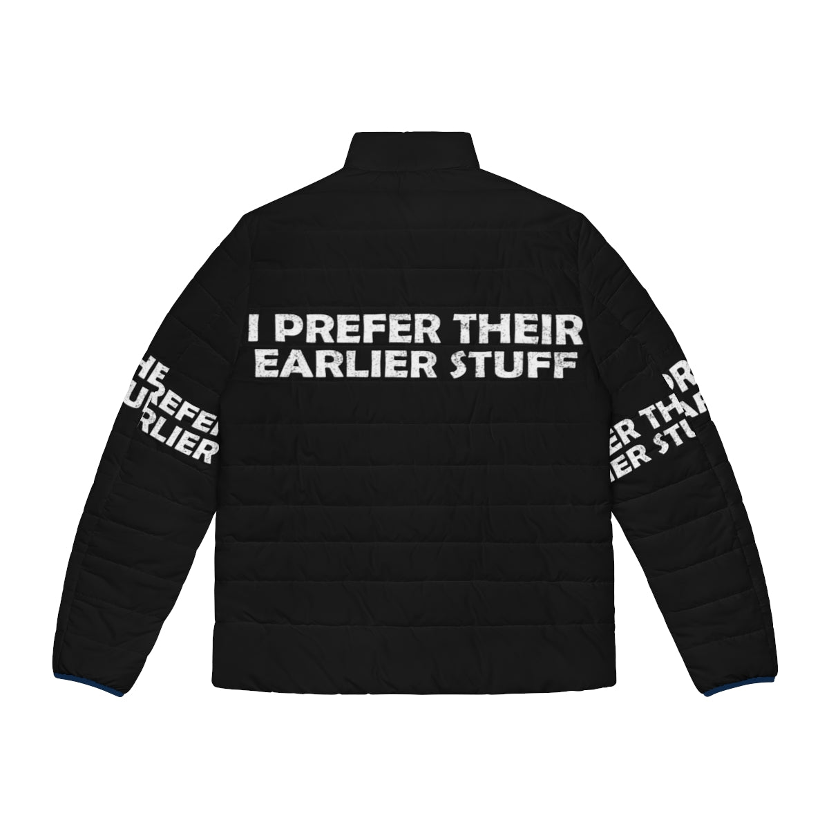 "I Prefer Their Earlier Stuff" music lover puffer jacket featuring a guitar design - Back