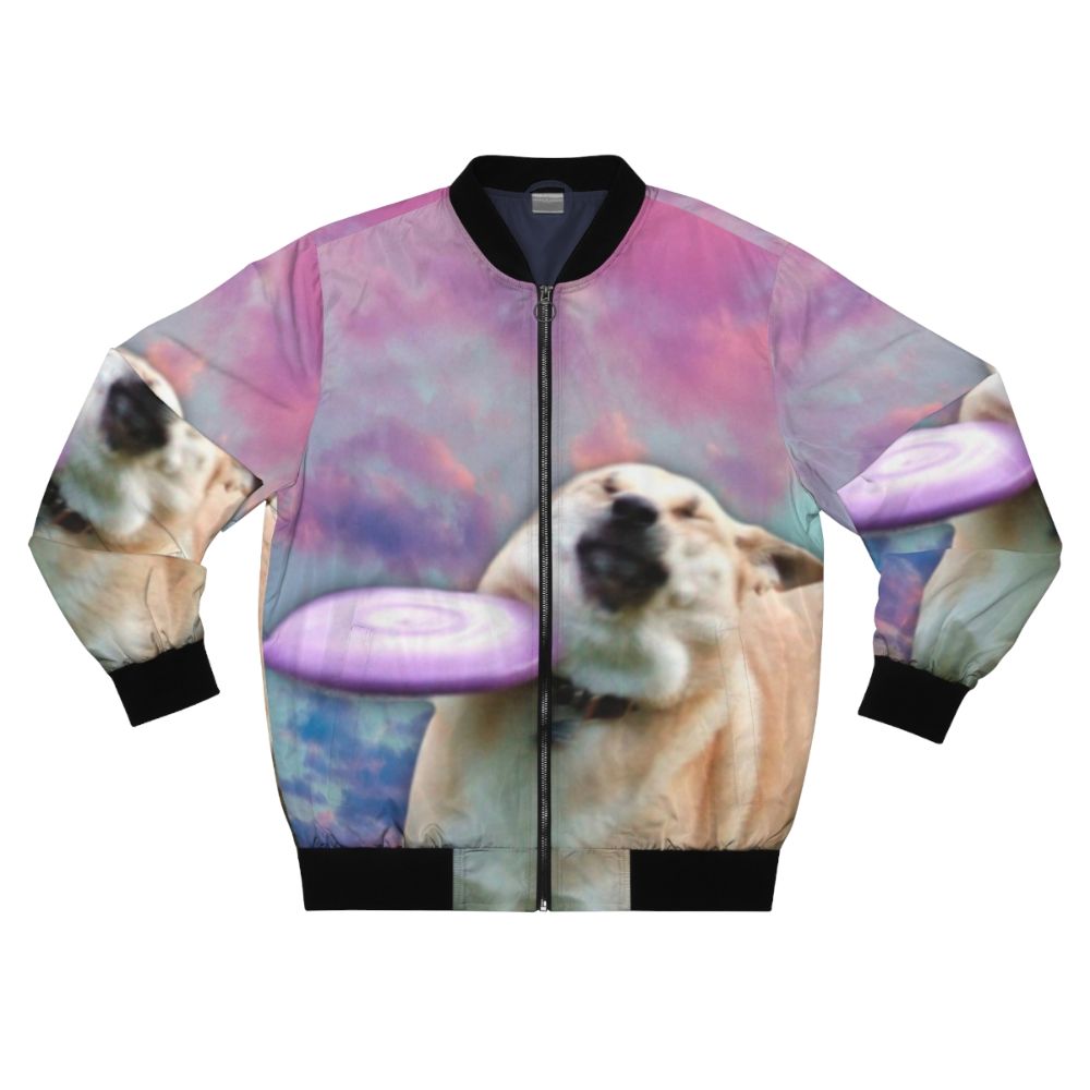 A Frisbee-catching Doge meme-inspired bomber jacket with a vaporwave cloud design