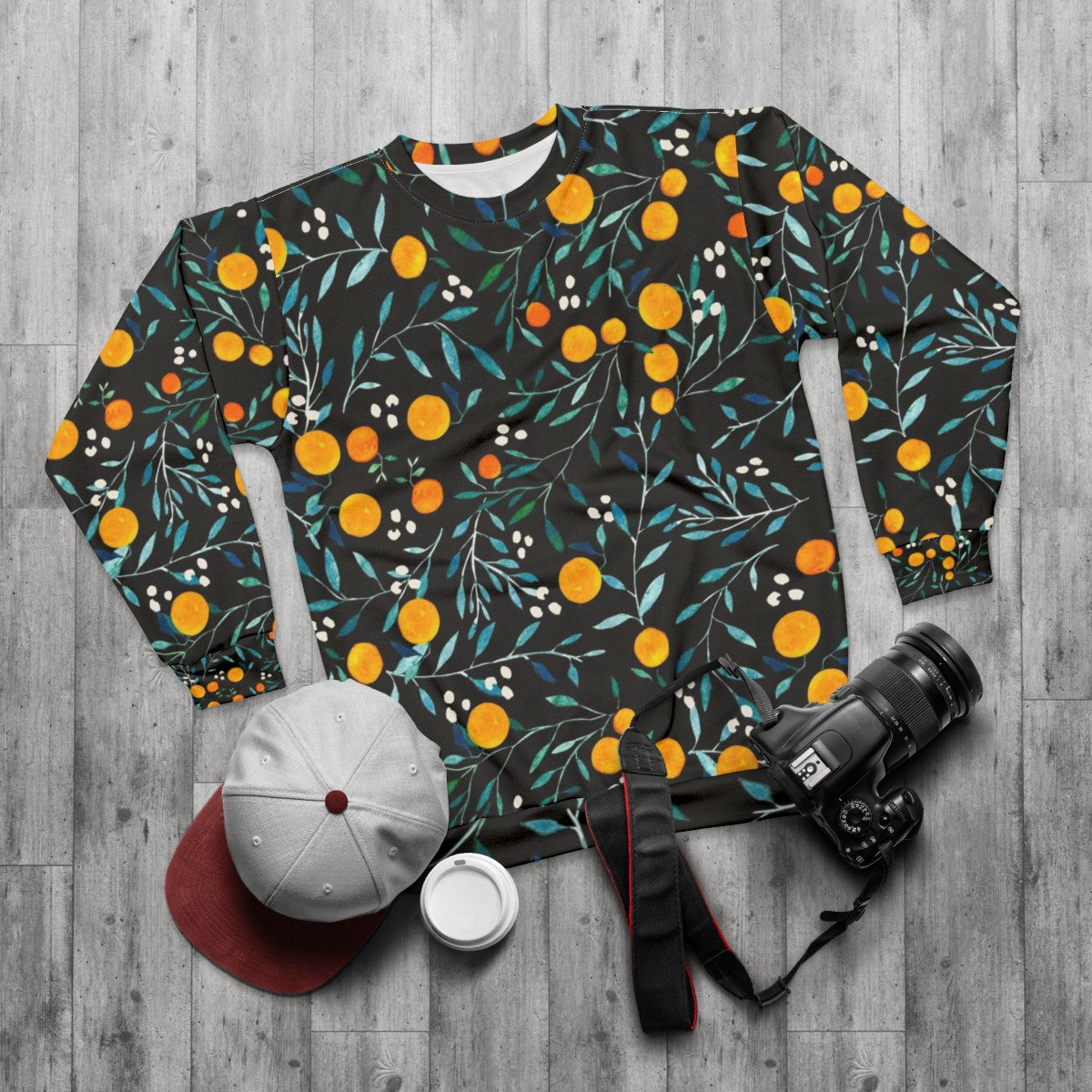 Oranges watercolor floral pattern sweatshirt - flat lay