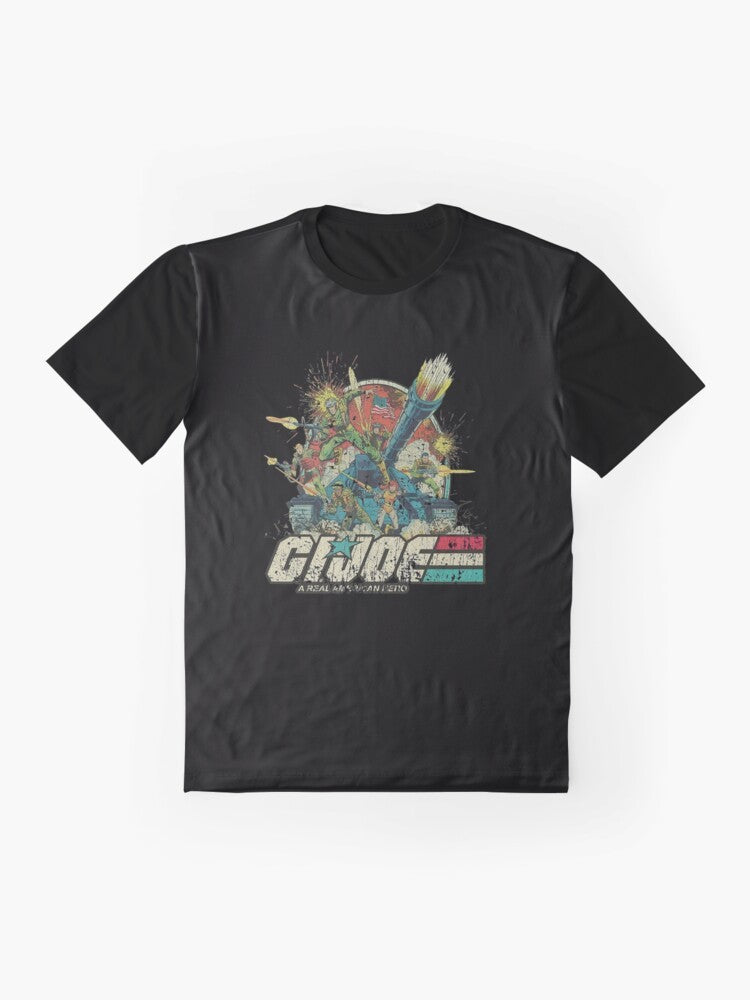 Vintage GI Joe Real American Heroes graphic t-shirt design featuring the iconic characters and symbols from the 1980s cartoon series. - Flat lay