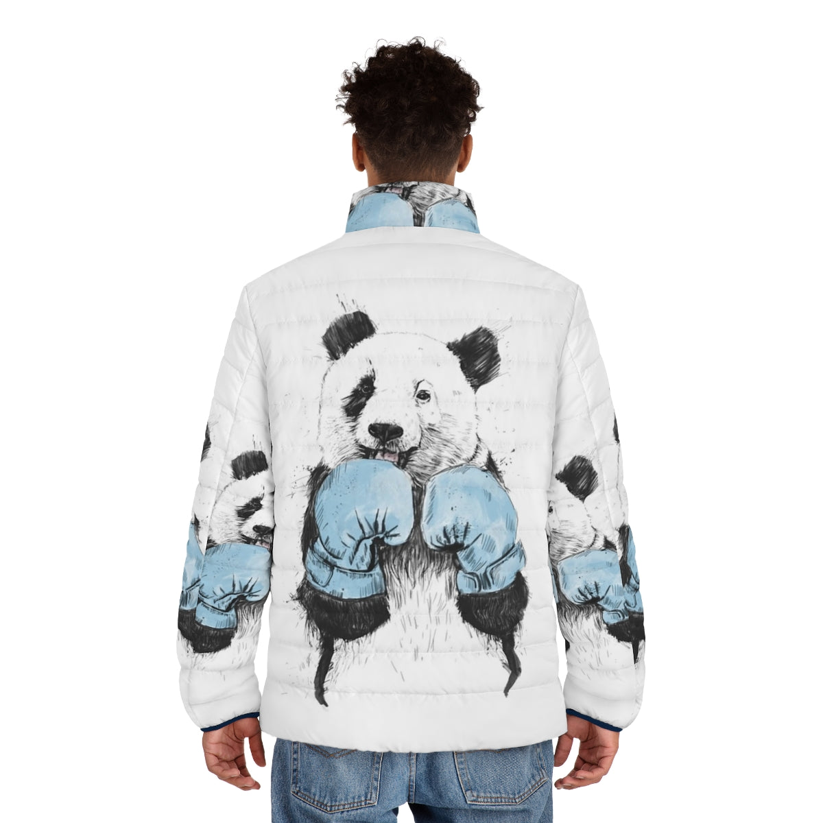 A puffer jacket with a funny animal print design, featuring a boxing panda illustration. - men back