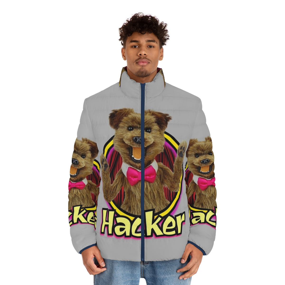 Hacker Time puffer jacket featuring a colorful retro puppet character - men front