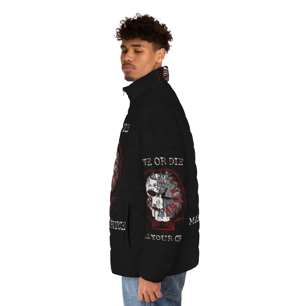 Jigsaw Saw horror fan art puffer jacket - men side left