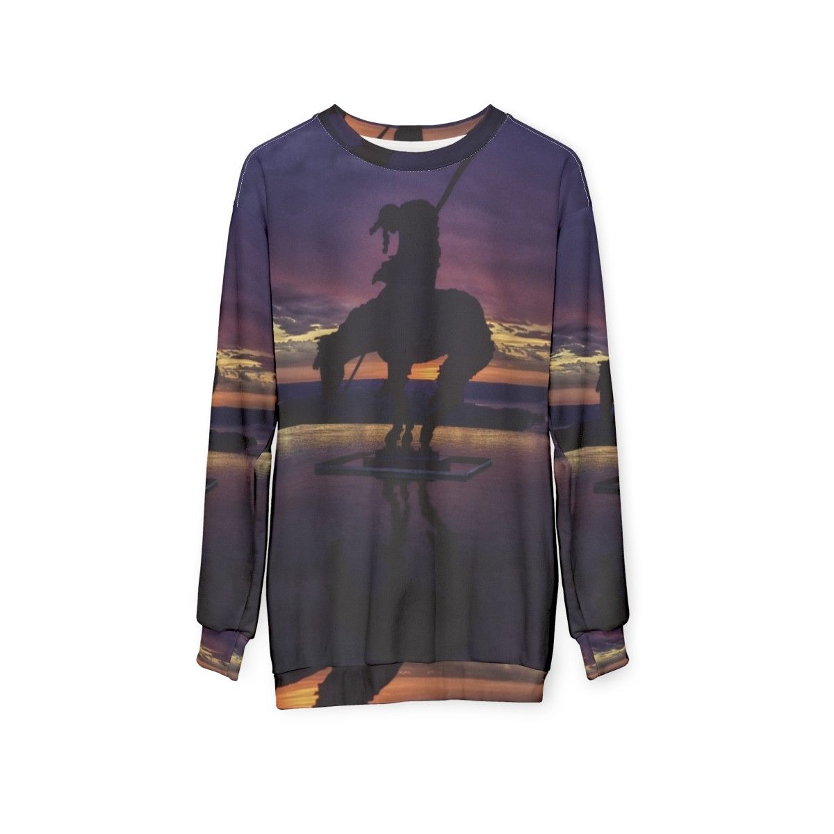 Sunset Sweatshirt Featuring Vibrant Native American-Inspired Artwork - hanging