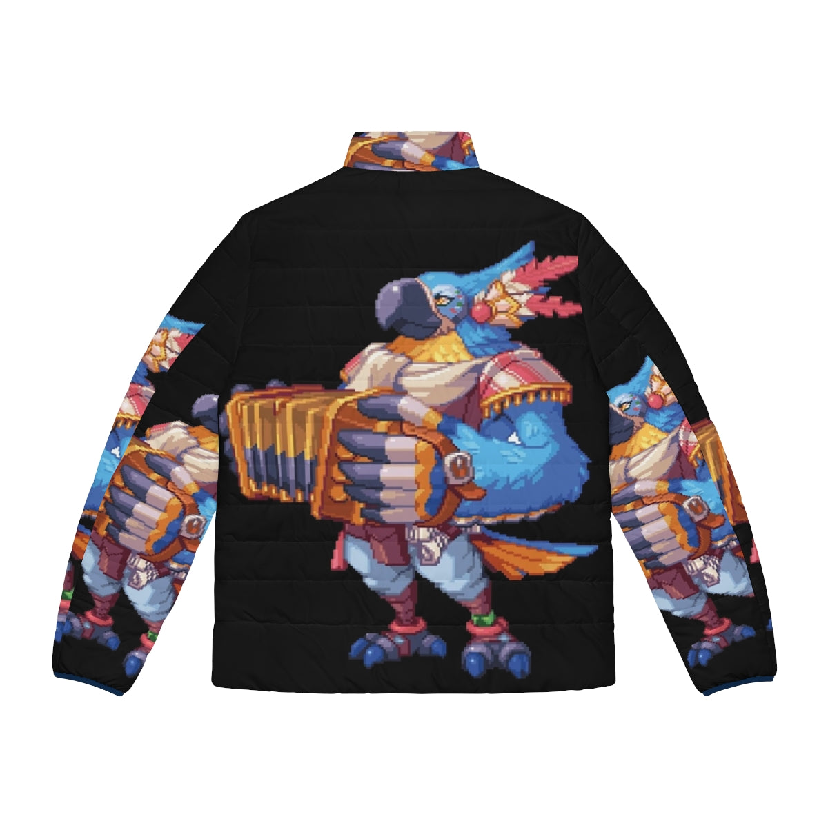 Pixel Kass puffer jacket featuring a blue bird design inspired by the popular video game character - Back